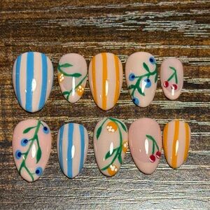 Colorful Striped and Floral Nail Set